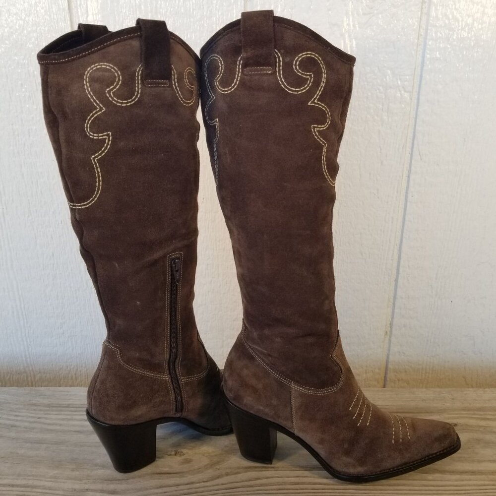 Via Spiga Womens Brown Suede Leather Stacked Heel Boots 7 M Brazil - Picture 2 of 13